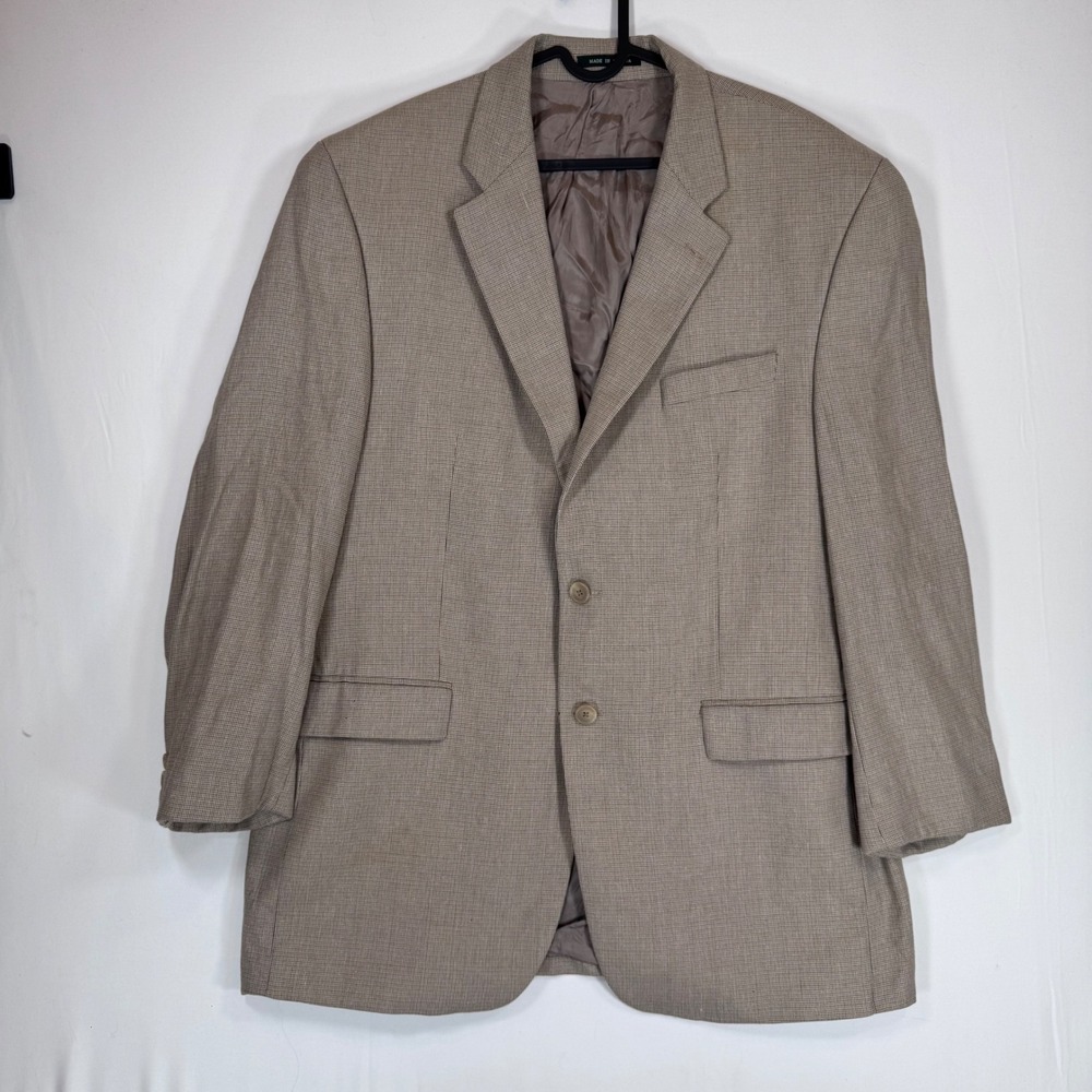 Vintage Lauren Ralph Lauren Blazer Silk Wool Houndstooth Tan 44 44L Academia
